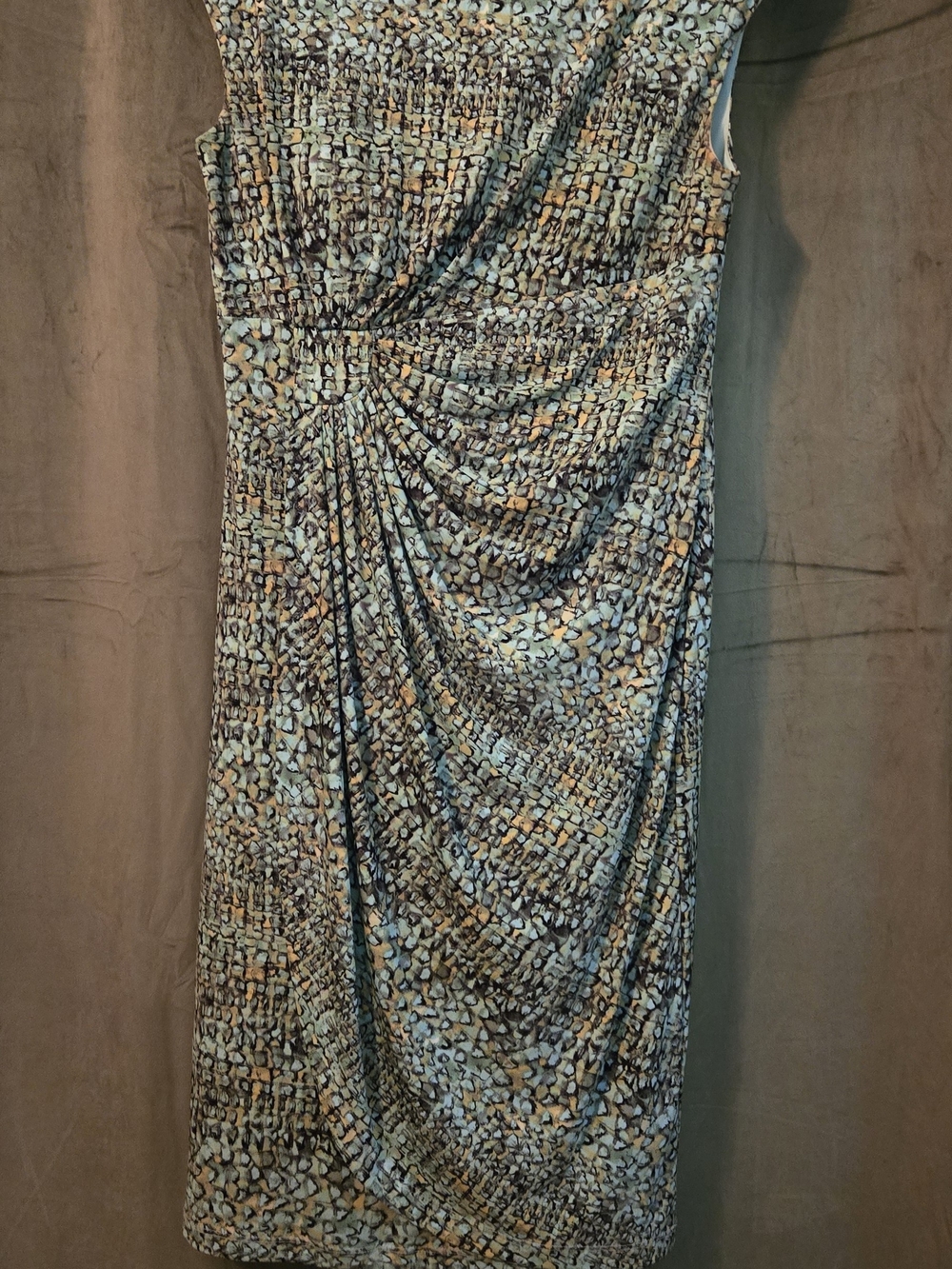 connected apparel Printed Sleeveless Twist-Front Midi Dress in Cream, Tan & Blue